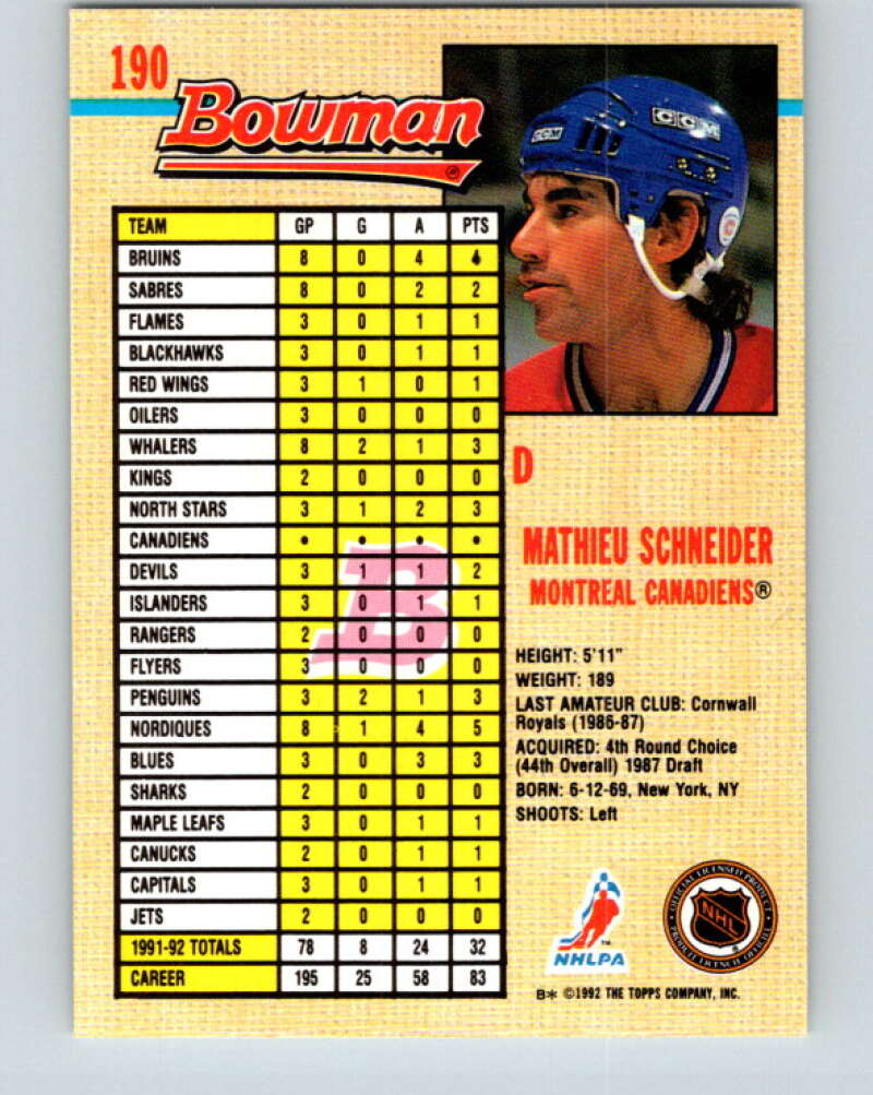 1992-93 Bowman #190 Mathieu Schneider Mint Montreal Canadiens Image 2