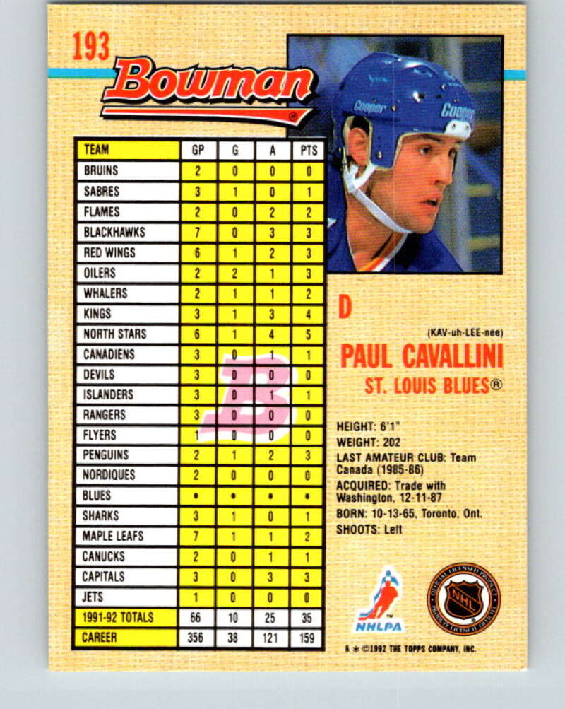 1992-93 Bowman #193 Paul Cavallini Mint St. Louis Blues Image 2