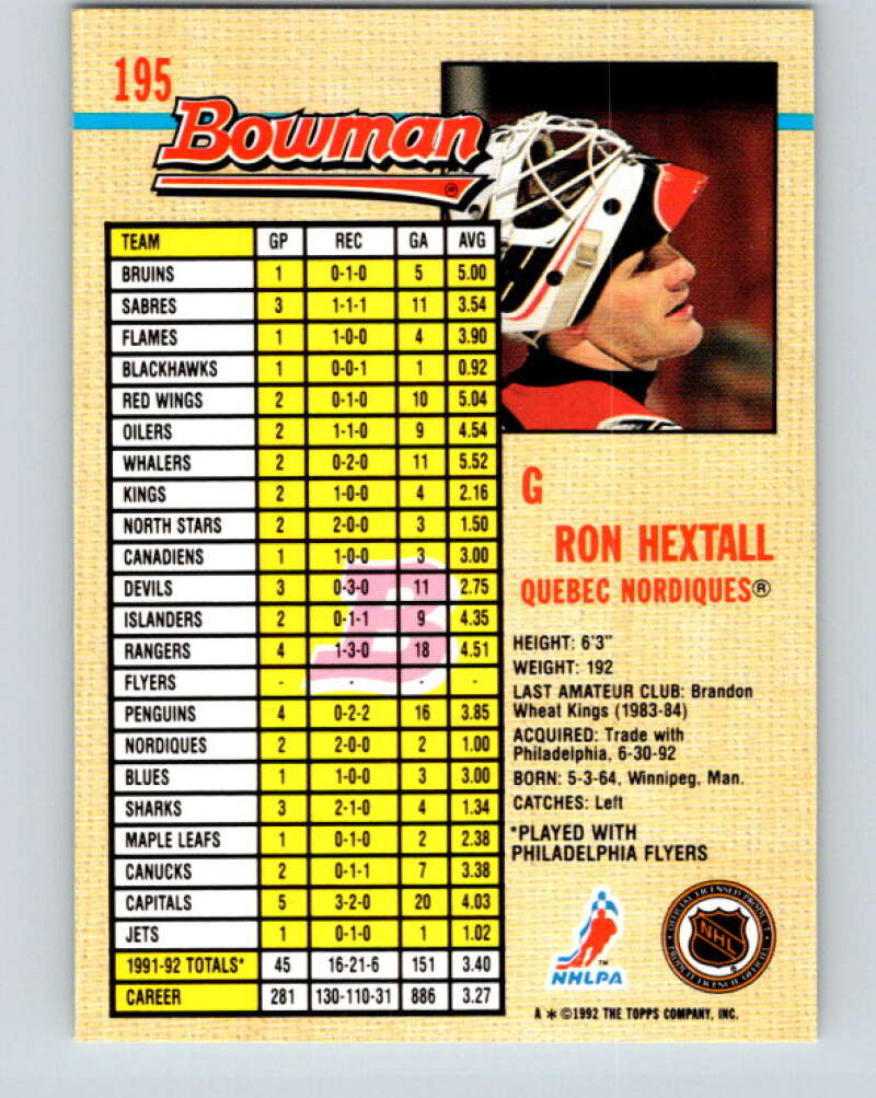 1992-93 Bowman #195 Ron Hextall Mint Philadelphia Flyers Image 2