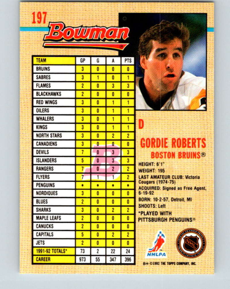 1992-93 Bowman #197 Gordie Roberts Mint Pittsburgh Penguins Image 2