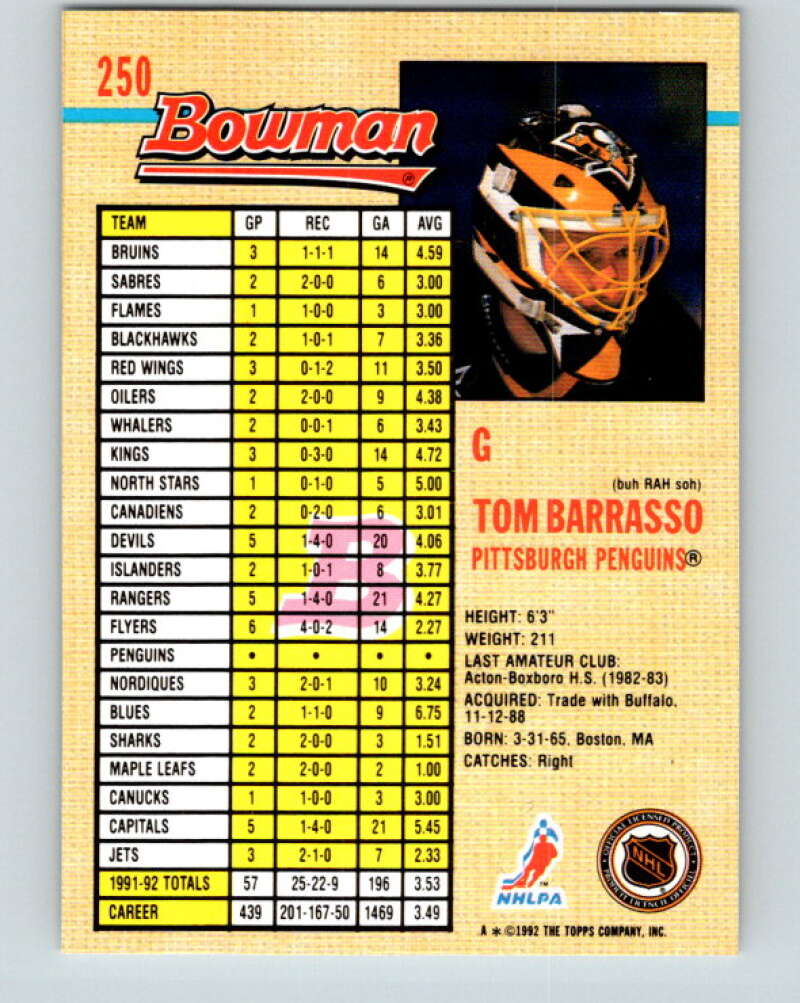 1992-93 Bowman #250 Tom Barrasso Mint Pittsburgh Penguins Image 2