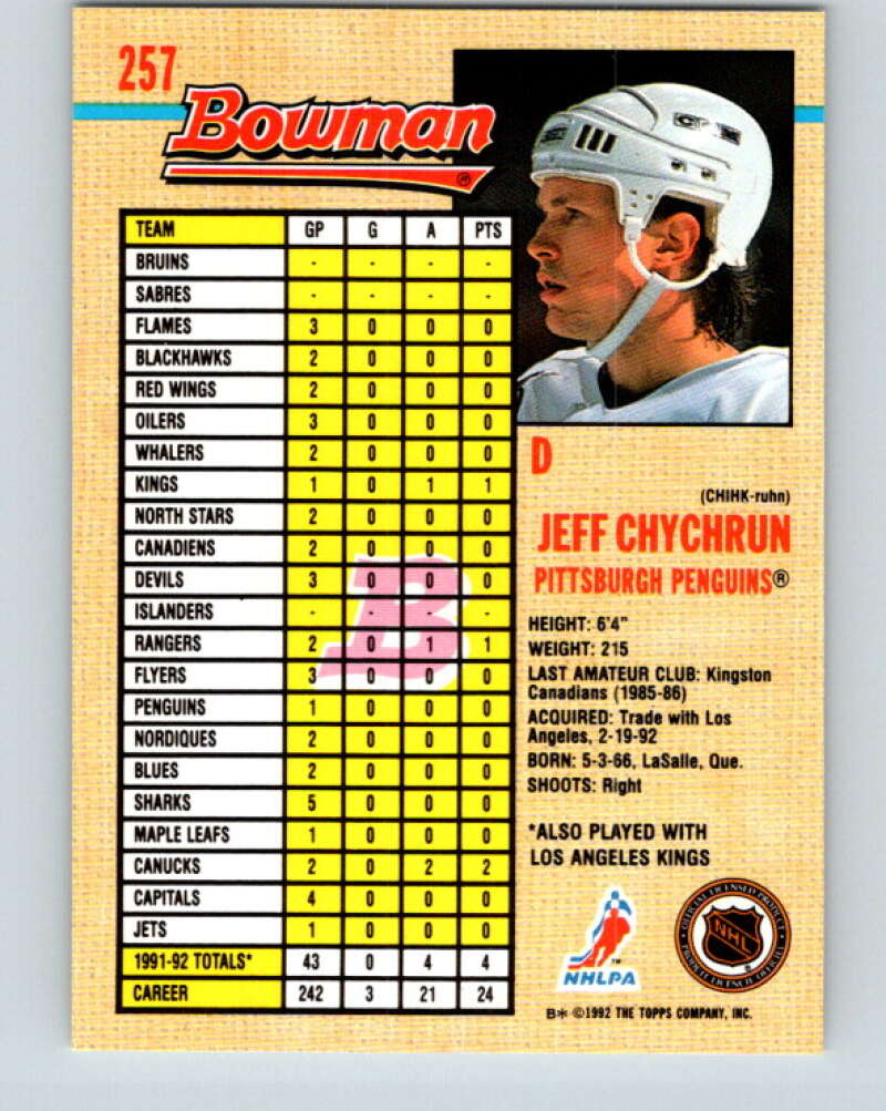 1992-93 Bowman #257 Jeff Chychrun Mint Los Angeles Kings Image 2
