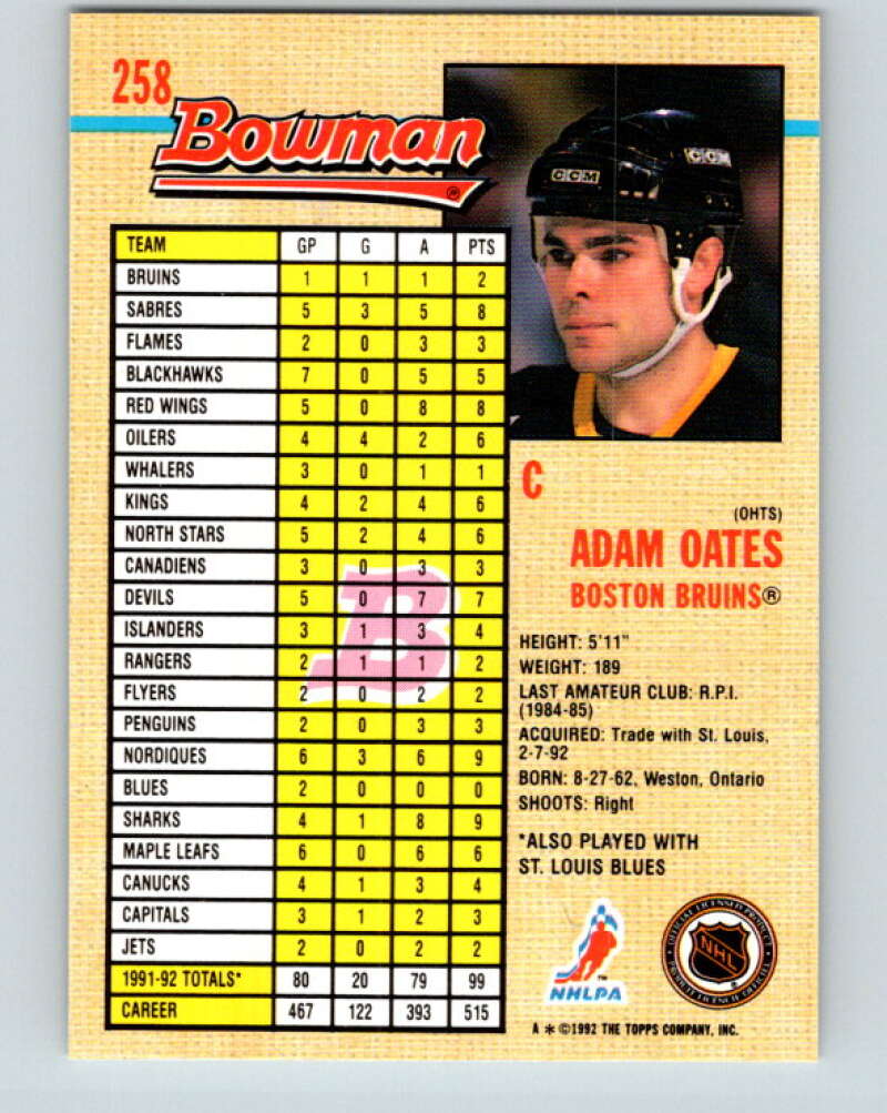 1992-93 Bowman #258 Adam Oates Mint Boston Bruins Image 2