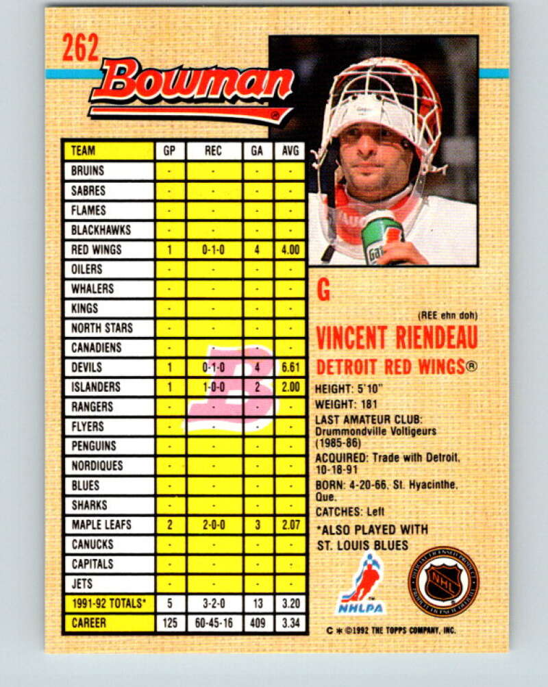 1992-93 Bowman #262 Vincent Riendeau Mint St. Louis Blues