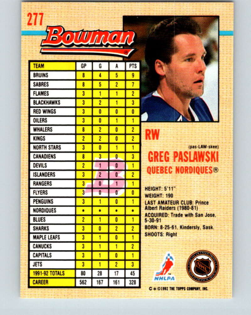 1992-93 Bowman #277 Greg Paslawski Mint Quebec Nordiques Image 2