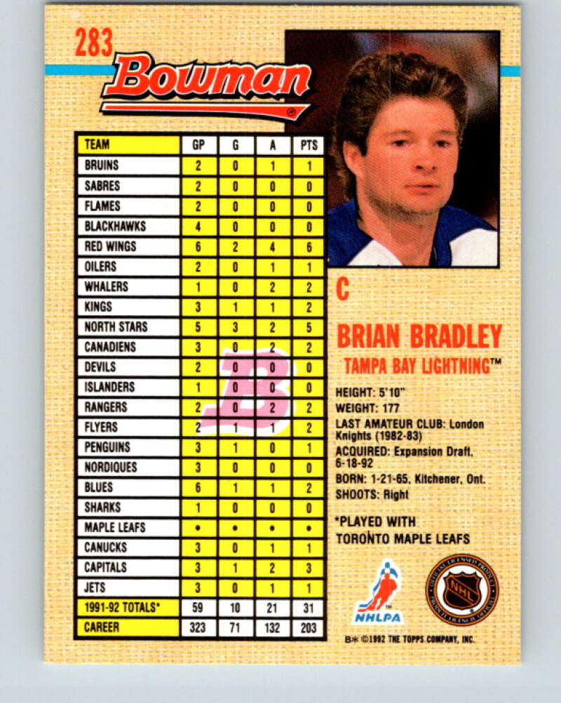 1992-93 Bowman #283 Brian Bradley Mint Tampa Bay Lightning Image 2