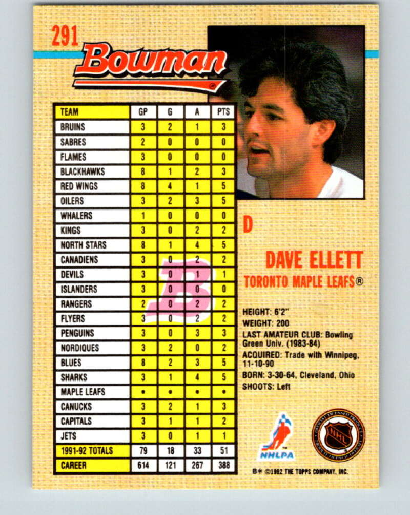 1992-93 Bowman #291 Dave Ellett Mint Toronto Maple Leafs