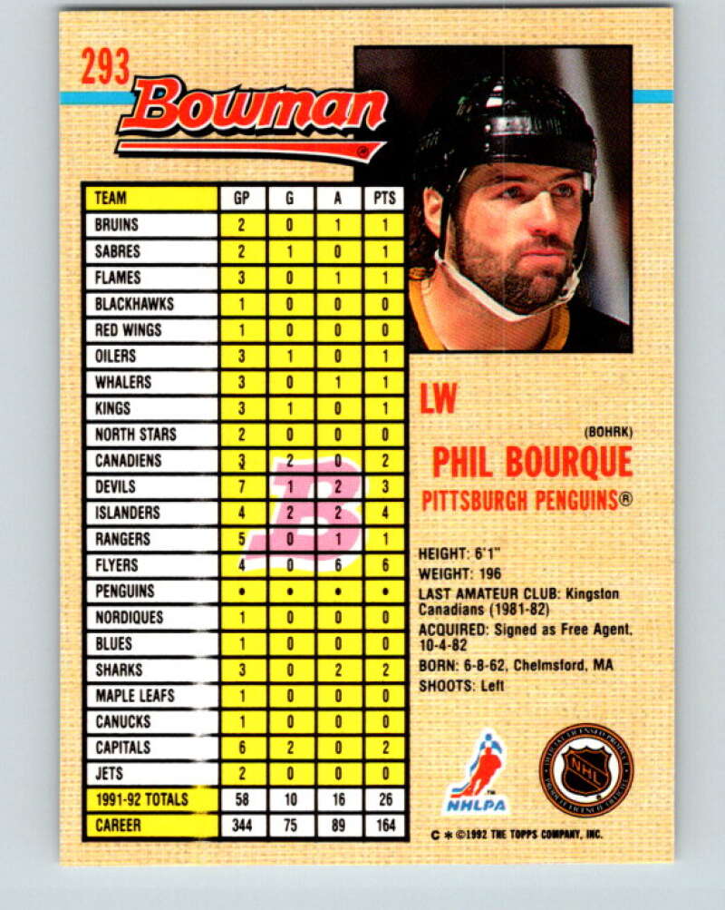 1992-93 Bowman #293 Phil Bourque Mint Pittsburgh Penguins Image 2