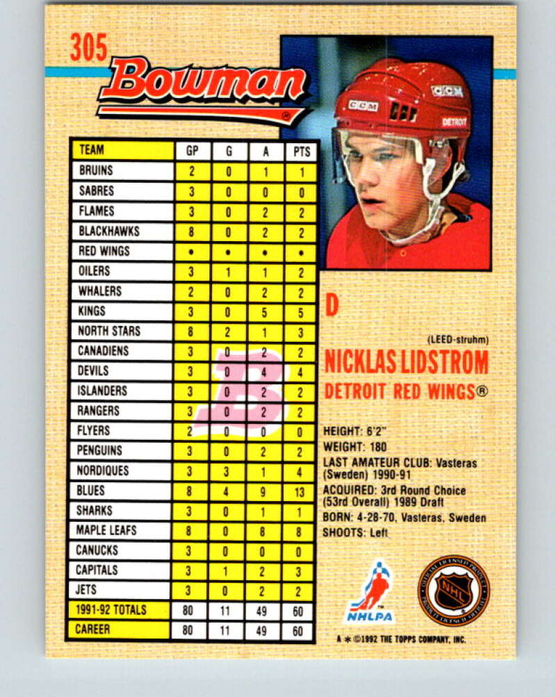 1992-93 Bowman #305 Nicklas Lidstrom Mint Detroit Red Wings  Image 2