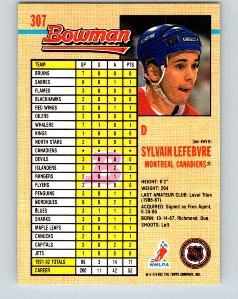 1992-93 Bowman #307 Sylvain Lefebvre Mint Montreal Canadiens Image 2