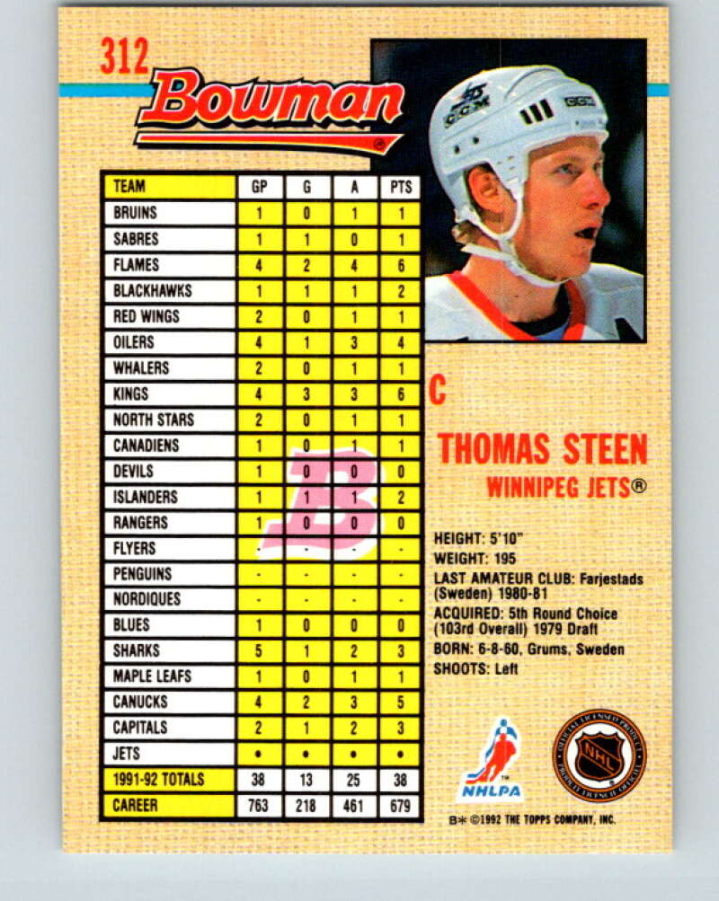 1992-93 Bowman #312 Thomas Steen Mint Winnipeg Jets Image 2