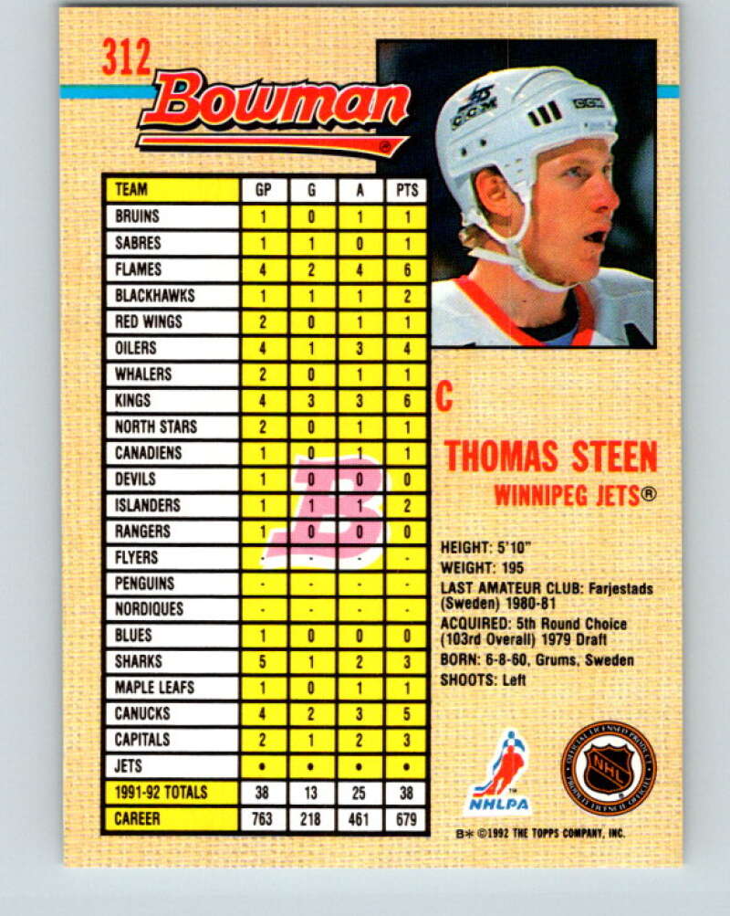 1992-93 Bowman #312 Thomas Steen Mint Winnipeg Jets  Image 2