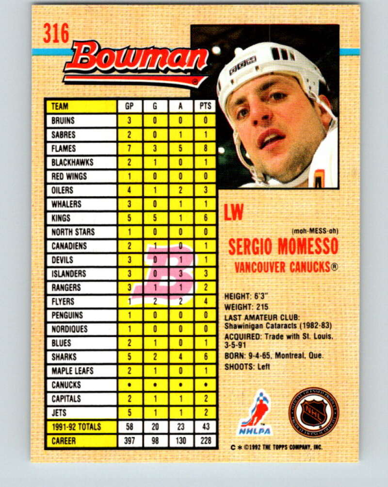 1992-93 Bowman #316 Sergio Momesso Mint Vancouver Canucks Image 2