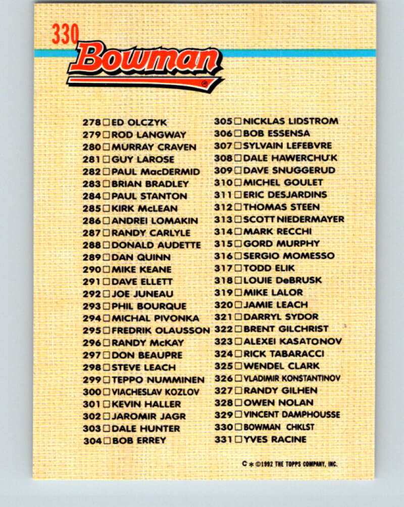 1992-93 Bowman #330 Checklist 221-331 Mint Image 2
