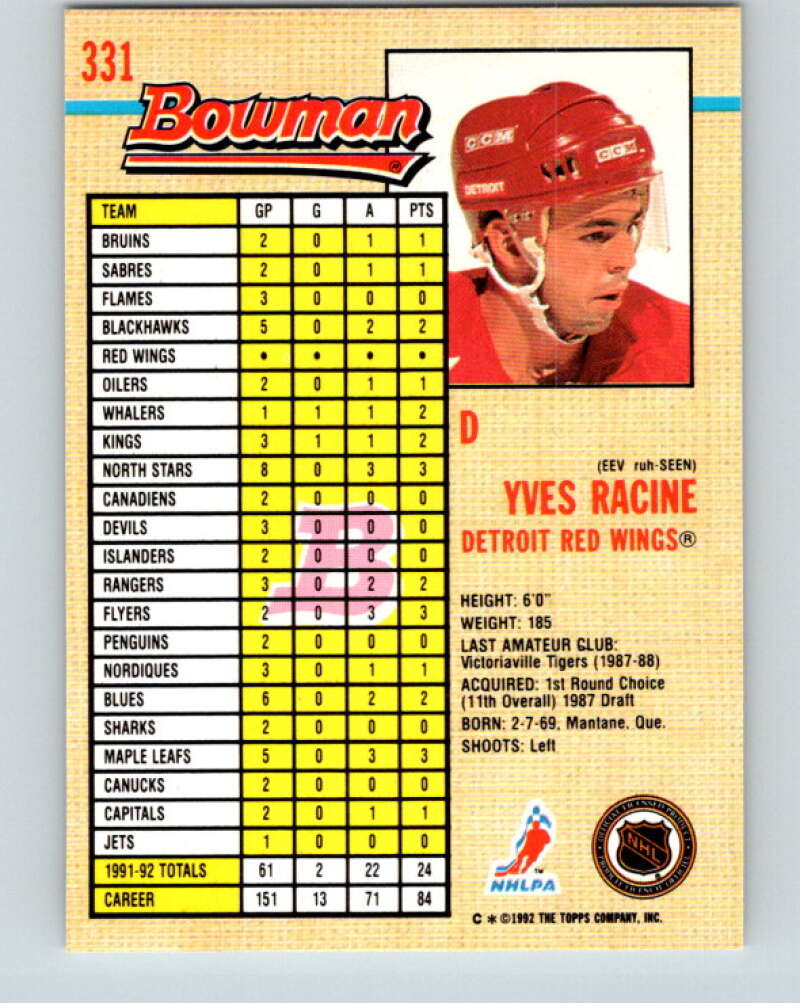 1992-93 Bowman #331 Yves Racine Mint Detroit Red Wings Image 2