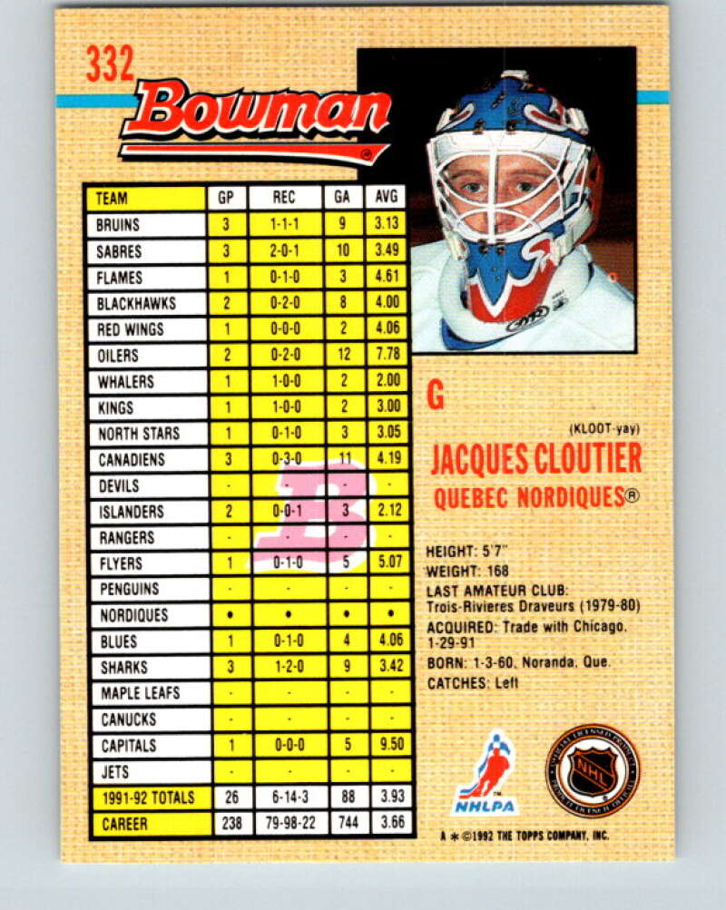 1992-93 Bowman #332 Jacques Cloutier Mint Quebec Nordiques