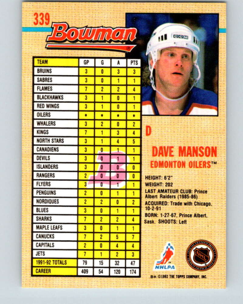 1992-93 Bowman #339 Dave Manson Mint Edmonton Oilers Image 2