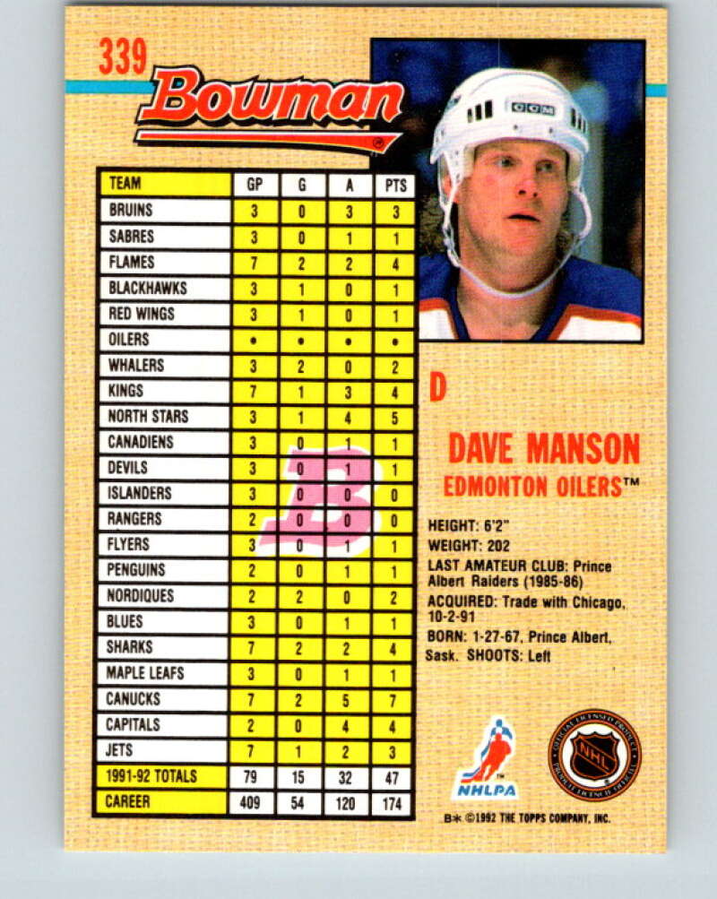 1992-93 Bowman #339 Dave Manson Mint Edmonton Oilers  Image 2