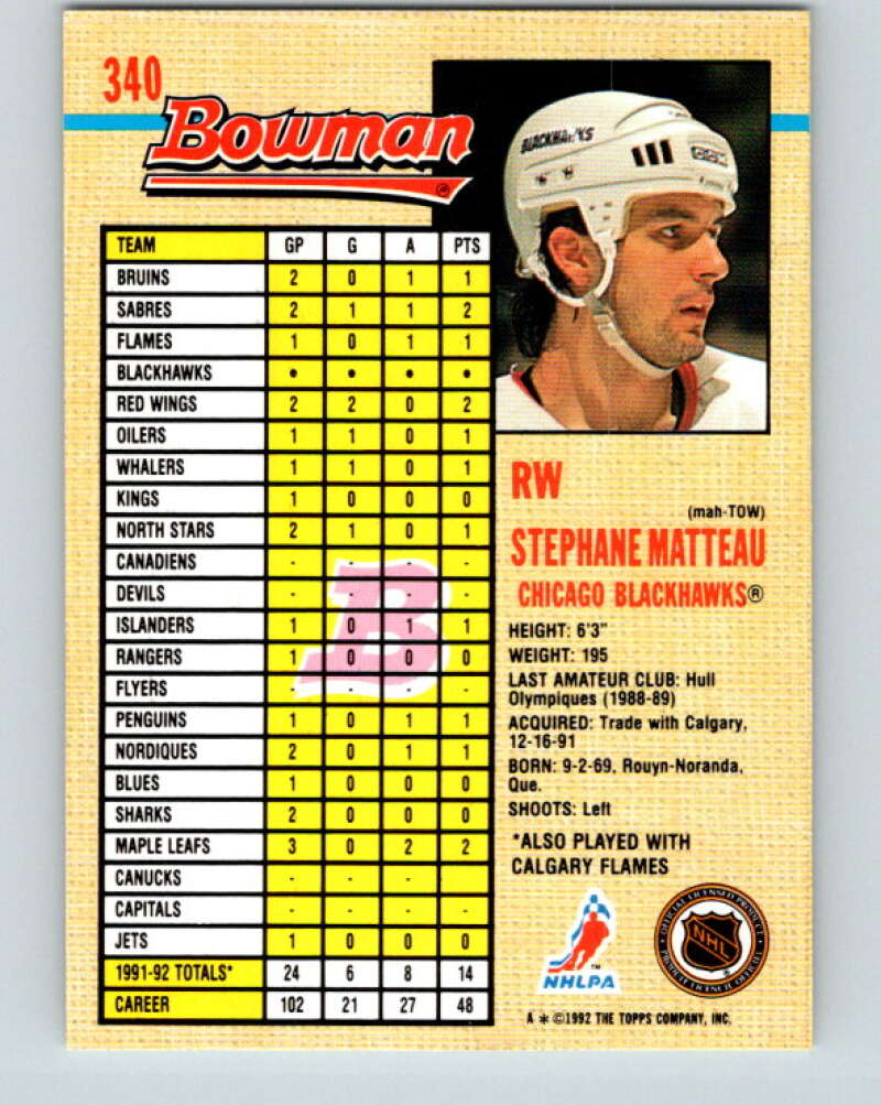 1992-93 Bowman #340 Stephane Matteau Mint Chicago Blackhawks Image 2