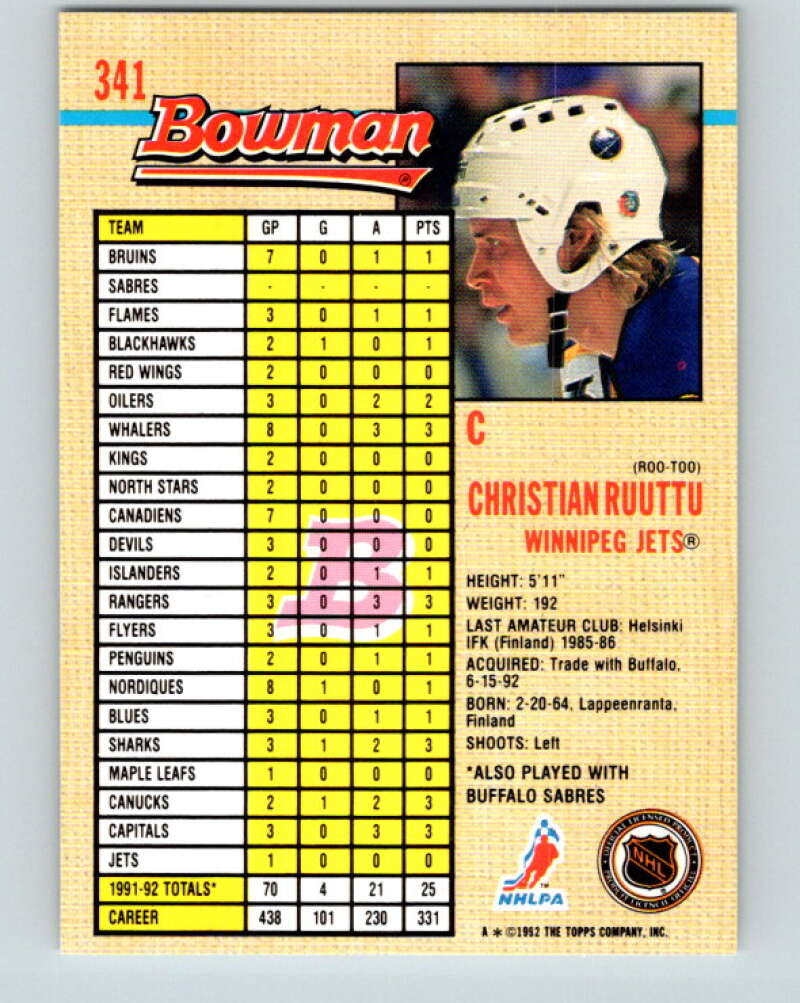 1992-93 Bowman #341 Christian Ruuttu Mint Buffalo Sabres Image 2