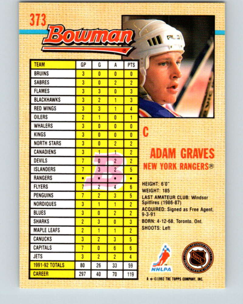 1992-93 Bowman #373 Adam Graves Mint New York Rangers Image 2