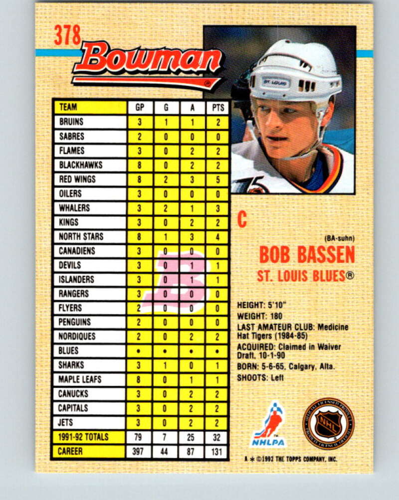 1992-93 Bowman #378 Bob Bassen Mint St. Louis Blues Image 2