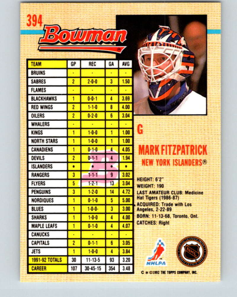 1992-93 Bowman #394 Mark Fitzpatrick Mint New York Islanders Image 2