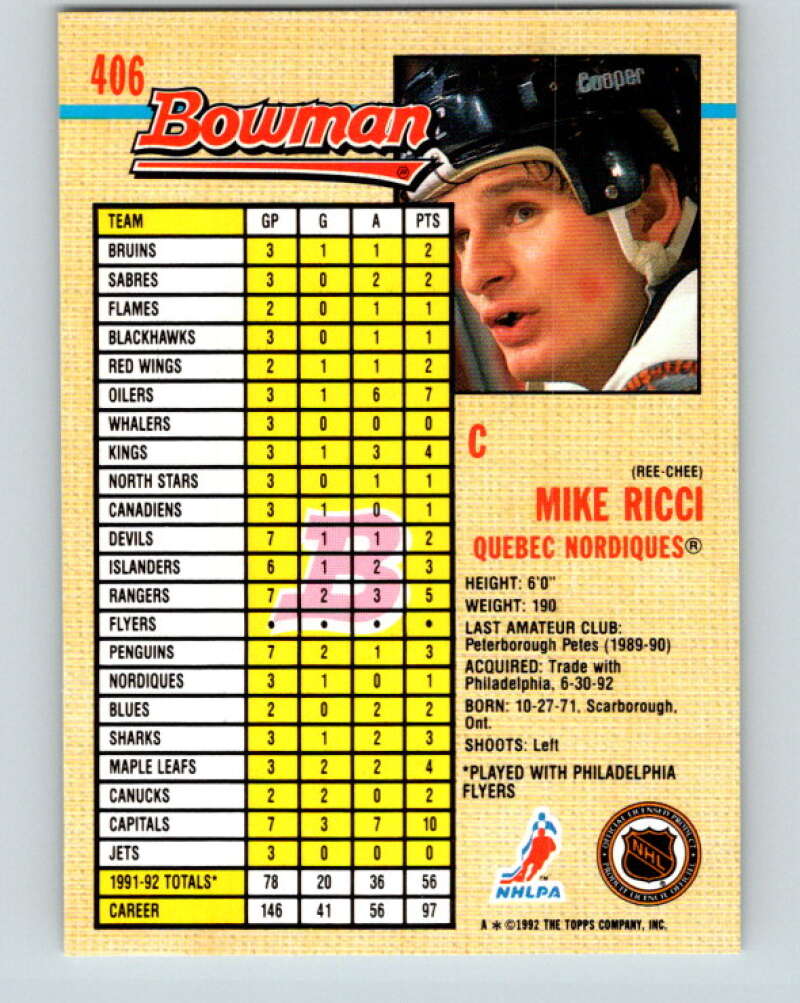 1992-93 Bowman #406 Mike Ricci Mint Quebec Nordiques Image 2