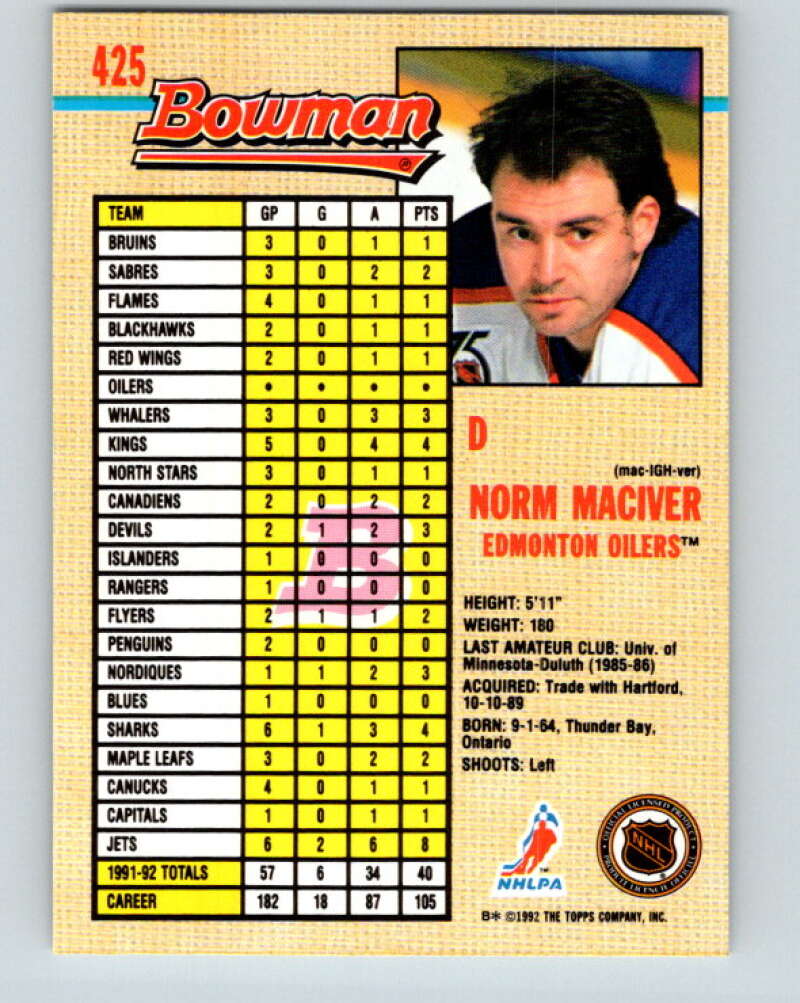 1992-93 Bowman #425 Norm Maciver Mint Edmonton Oilers Image 2