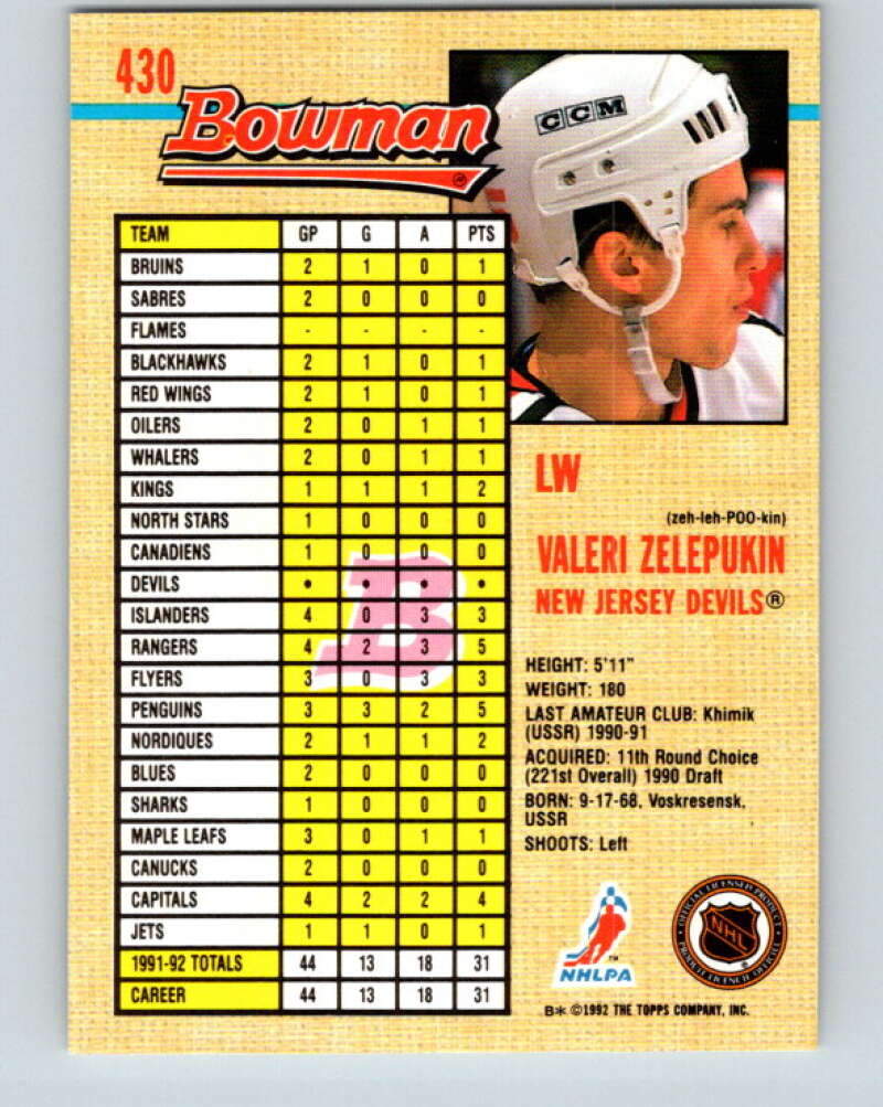 1992-93 Bowman #430 Valeri Zelepukin Mint New Jersey Devils Image 2