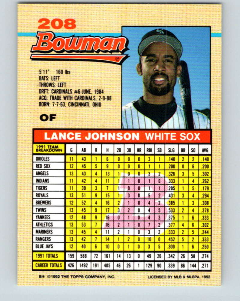 1992 Bowman #208 Lance Johnson Mint Chicago White Sox Image 2