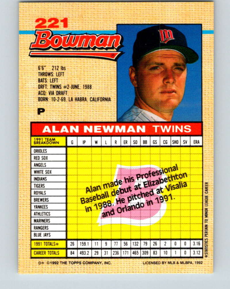 1992 Bowman #221 Alan Newman Mint RC Rookie Minnesota Twins Image 2