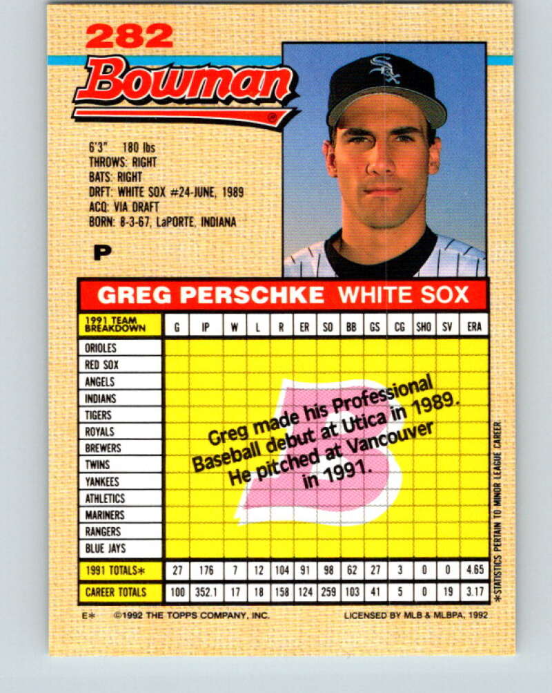 1992 Bowman #282 Greg Perschke Mint Chicago White Sox Image 2