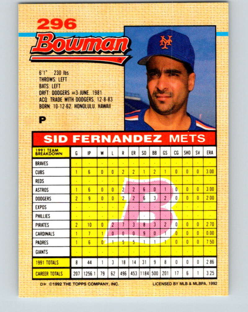1992 Bowman #296 Sid Fernandez Mint New York Yankees Image 2