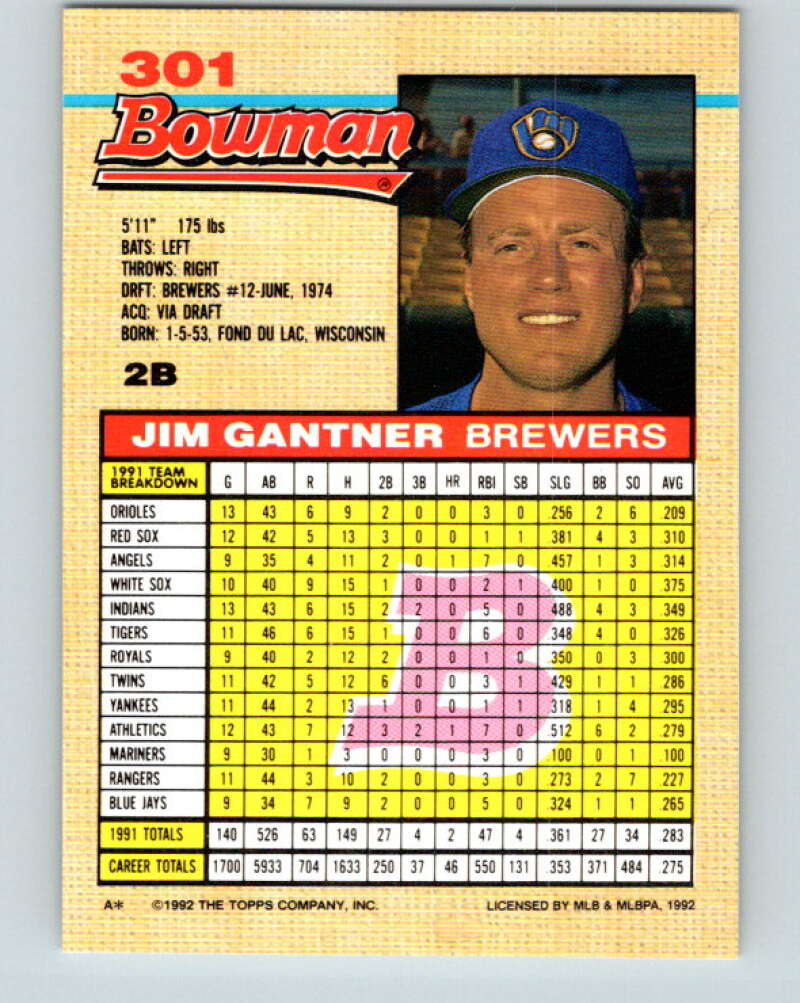 1992 Bowman #301 Jim Gantner Mint Milwaukee Brewers Image 2