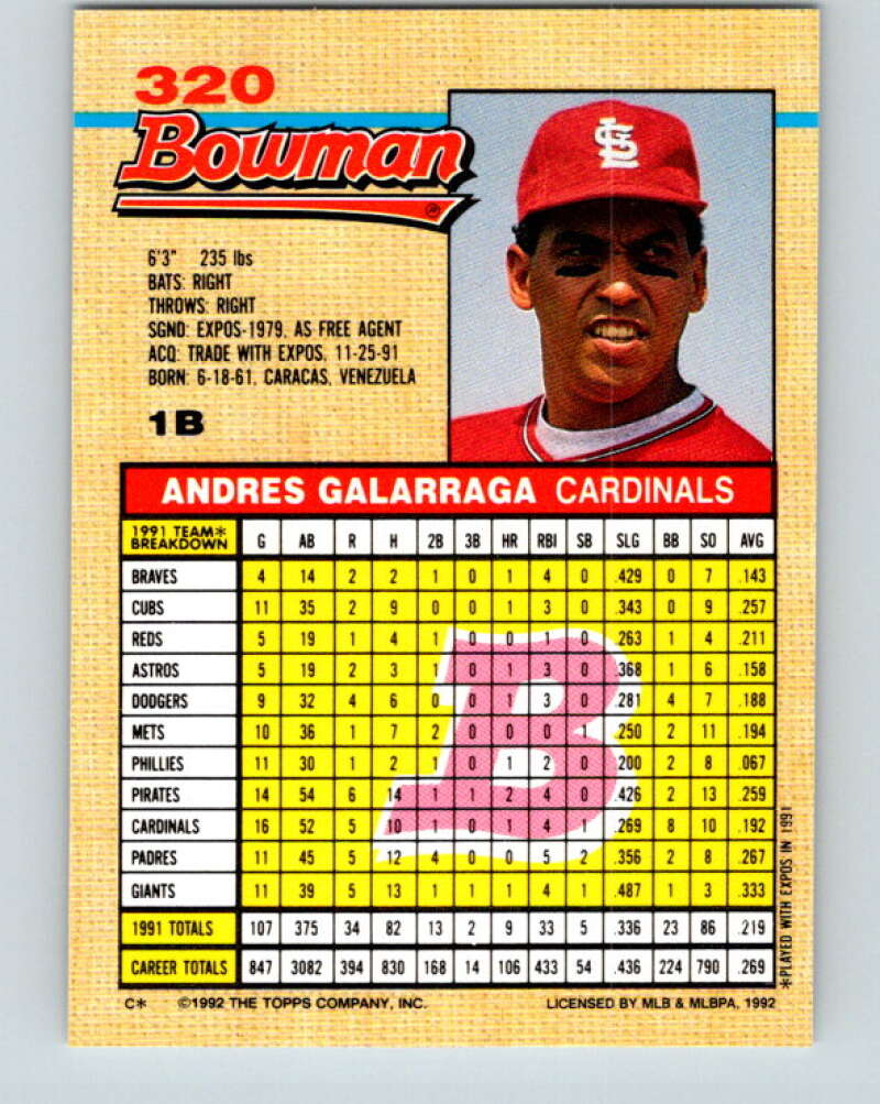 1992 Bowman #320 Andres Galarraga Mint St. Louis Cardinals Image 2