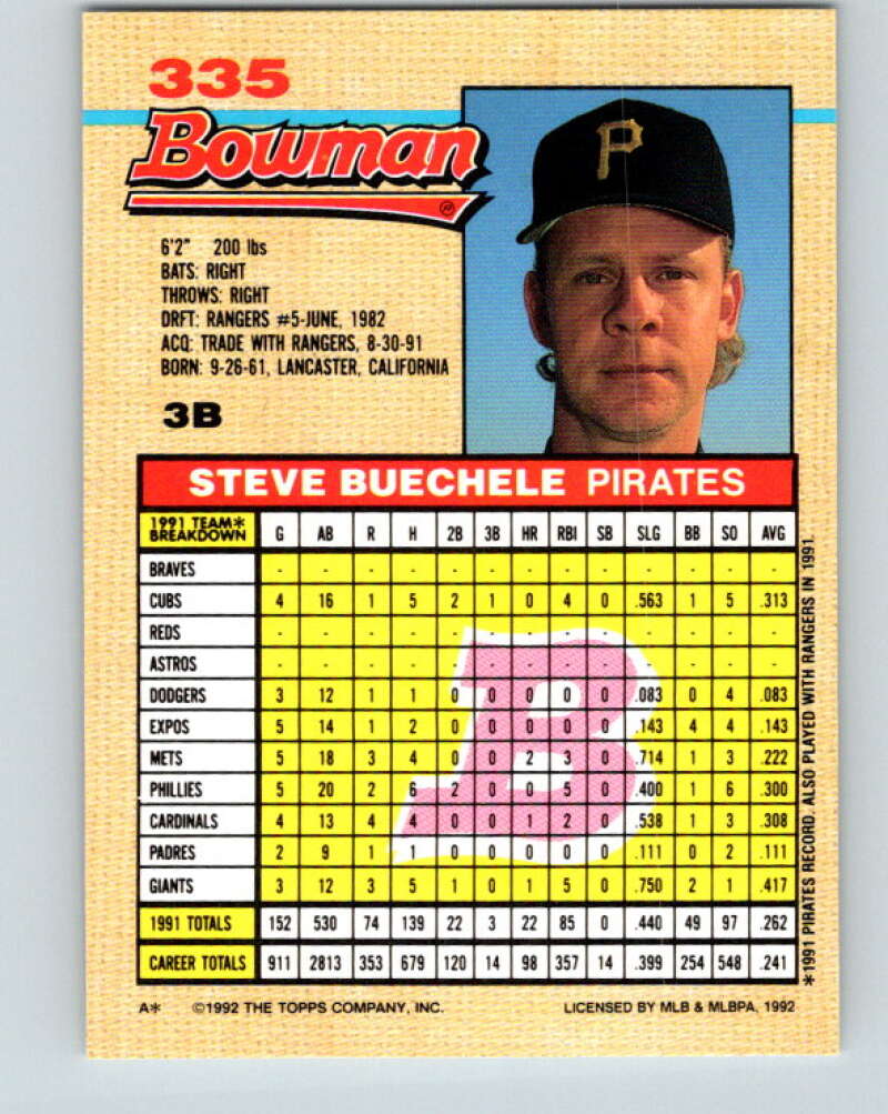 1992 Bowman #335 Steve Buechele Mint Pittsburgh Pirates Image 2