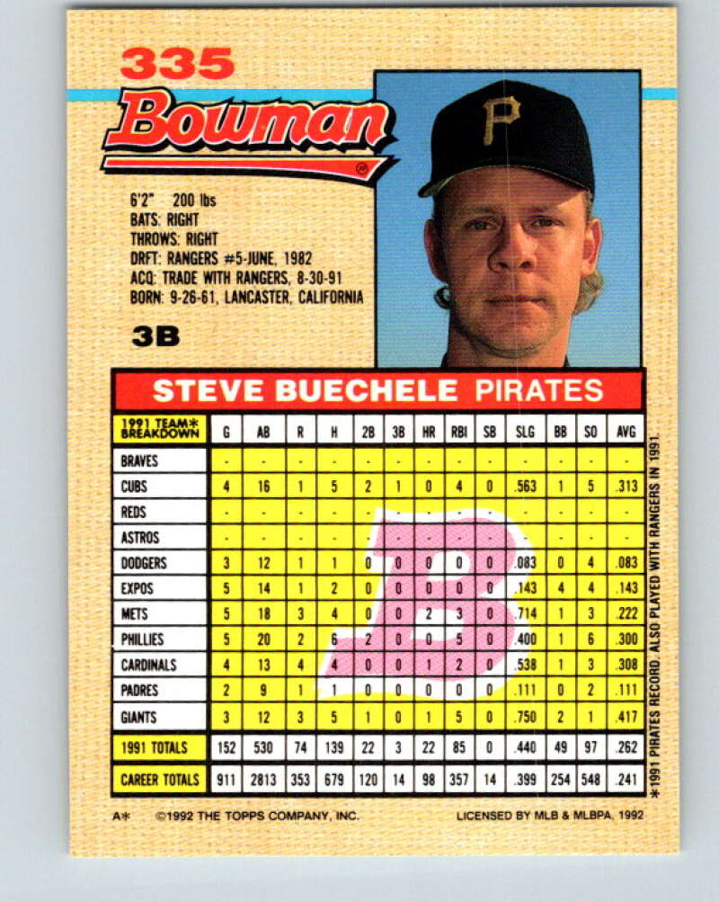 1992 Bowman #335 Steve Buechele Mint Pittsburgh Pirates  Image 2