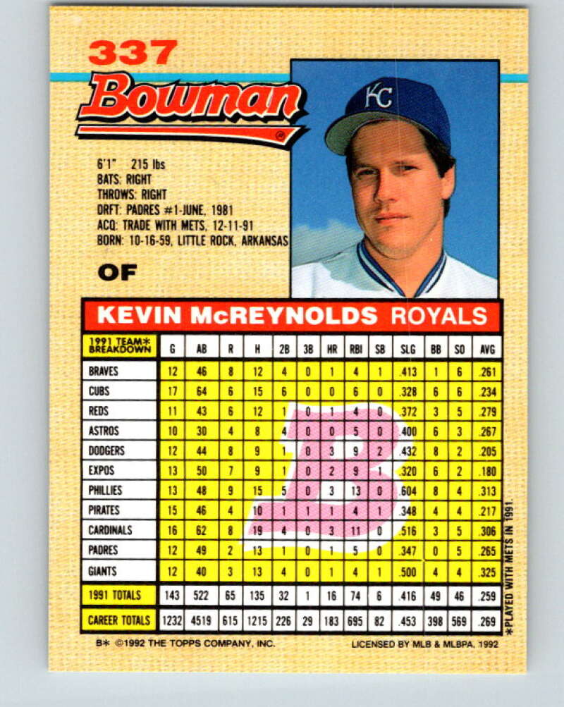 1992 Bowman #337 Kevin McReynolds Mint Kansas City Royals Image 2