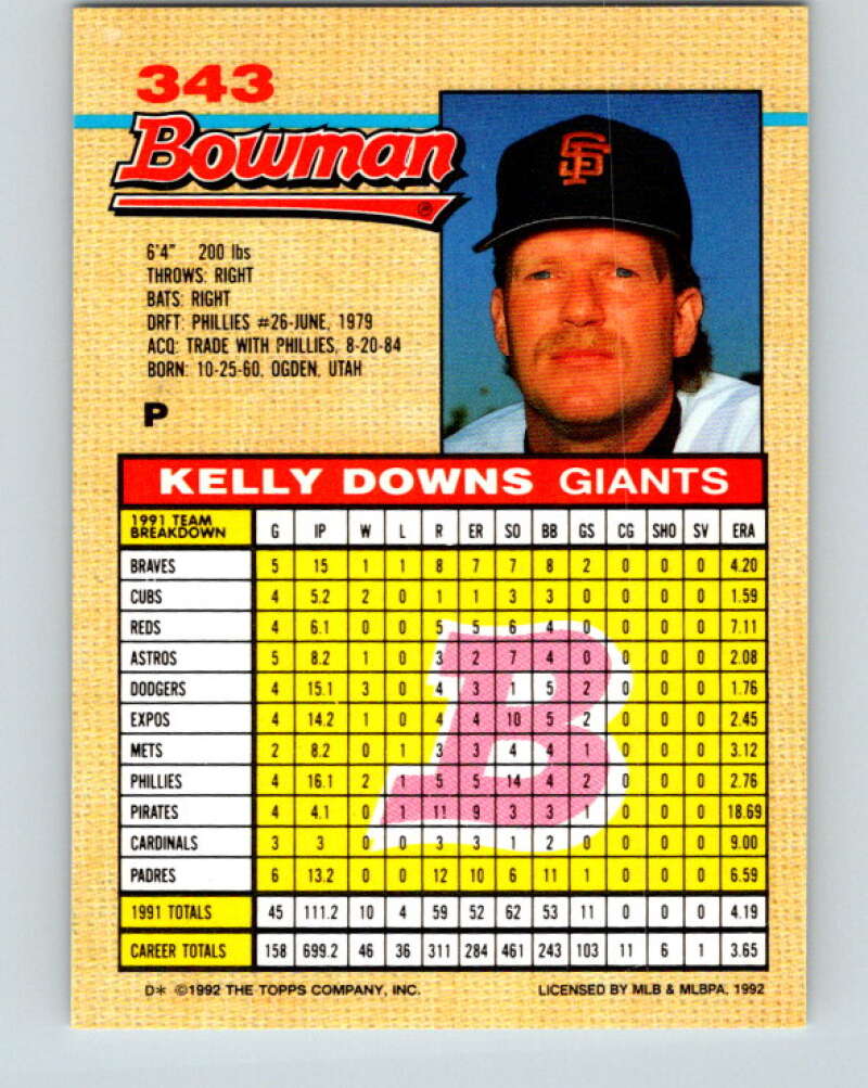 1992 Bowman #343 Kelly Downs Mint San Francisco Giants Image 2