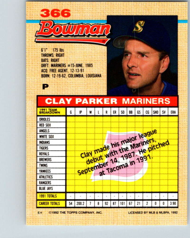 1992 Bowman #366 Clay Parker Mint Seattle Mariners Image 2
