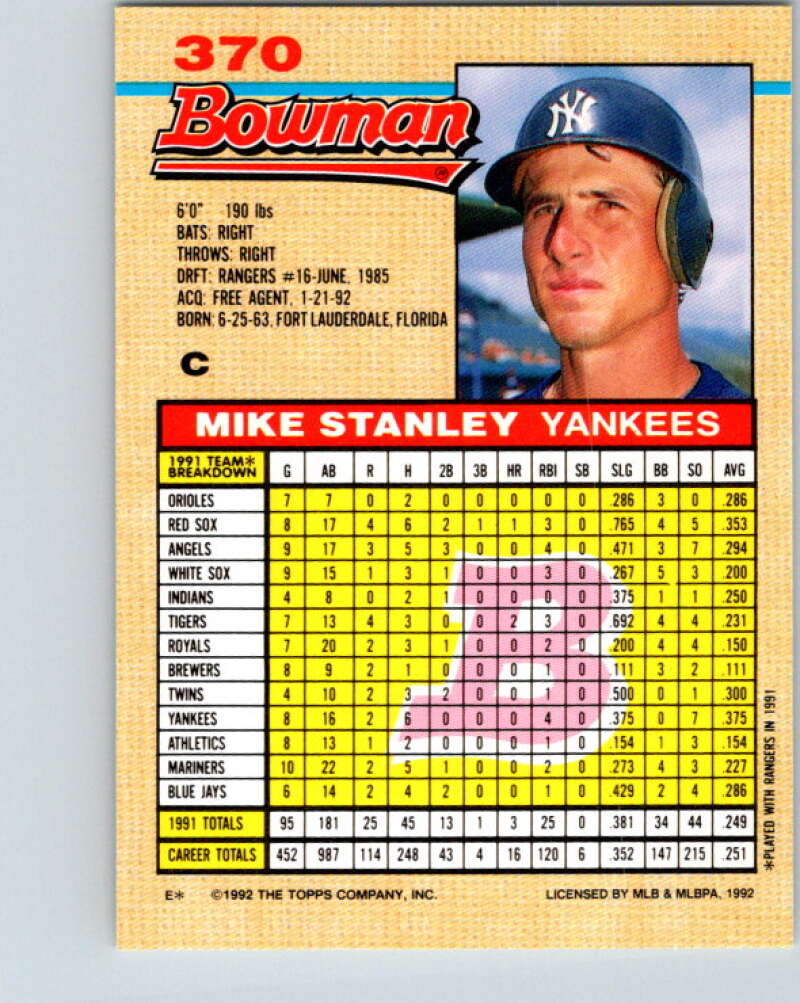 1992 Bowman #370 Mike Stanley Mint New York Yankees Image 2