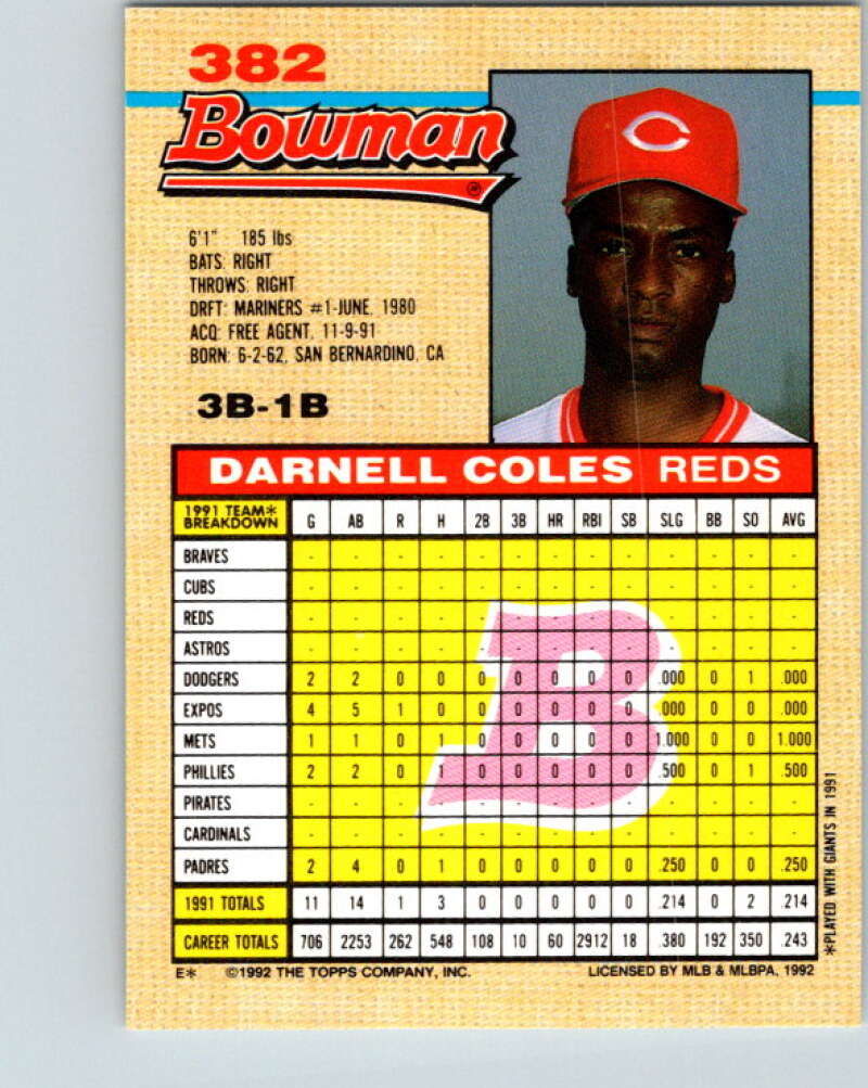 1992 Bowman #382 Darnell Coles Mint Cincinnati Reds Image 2