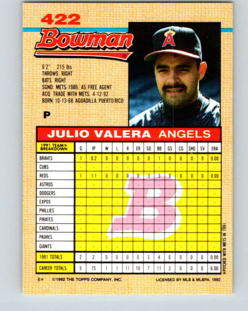 1992 Bowman #422 Julio Valera Mint California Angels Image 2