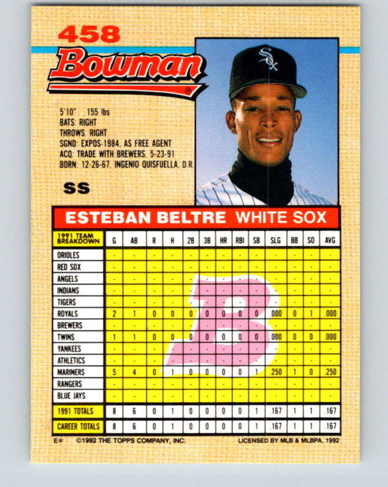 1992 Bowman #458 Esteban Beltre Mint RC Rookie Chicago White Sox
