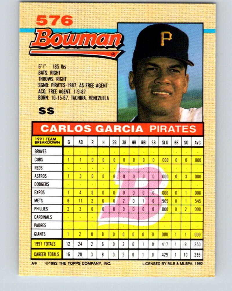 1992 Bowman #576 Carlos Garcia Mint Pittsburgh Pirates Image 2