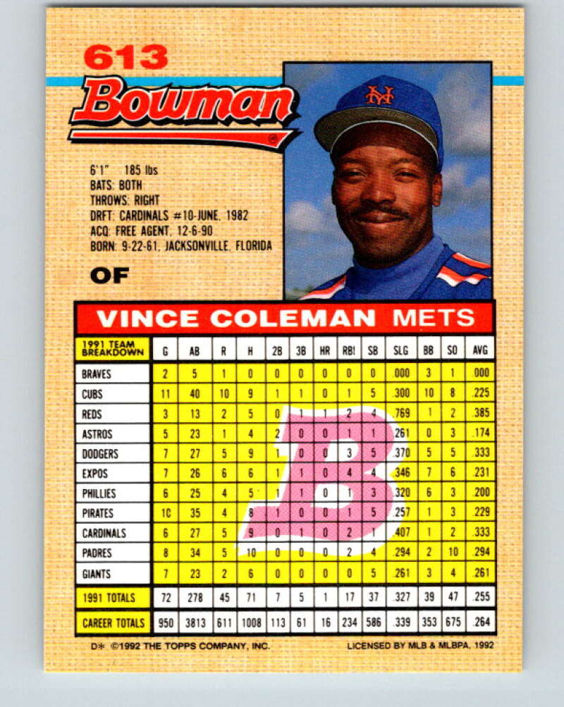 1992 Bowman #613 Vince Coleman Mint New York Mets Image 2