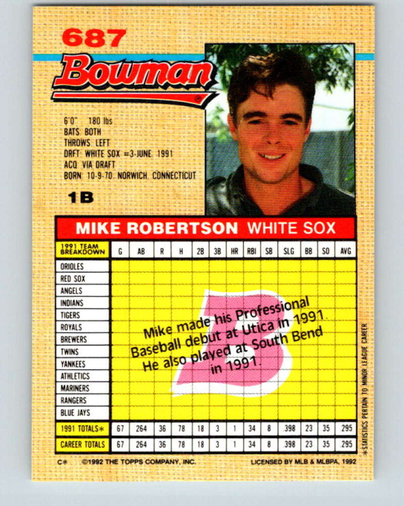 1992 Bowman #687 Mike Robertson Mint RC Rookie Chicago White Sox Image 2