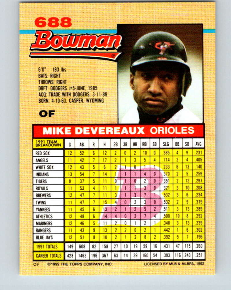 1992 Bowman #688 Mike Devereaux Mint Baltimore Orioles Image 2