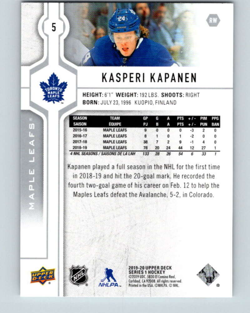 2019-20 Upper Deck #5 Kasperi Kapanen Mint Toronto Maple Leafs